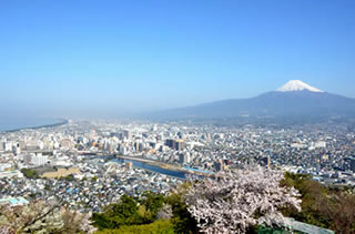 富士山と沼津市街地の眺め