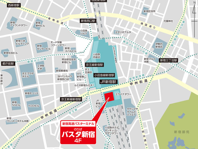 新宿高速バスターミナル　のりば　バスタ新宿4階の地図