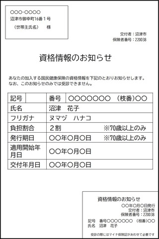 資格情報のお知らせ 見本
