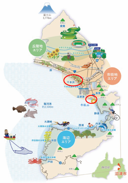 今回紹介のスポット（牛臥山公園、千本浜）