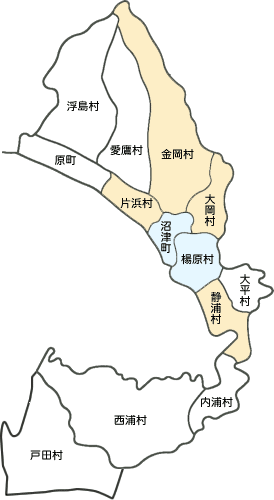 片浜村・金岡村・大岡村・静浦村の位置を示した地図