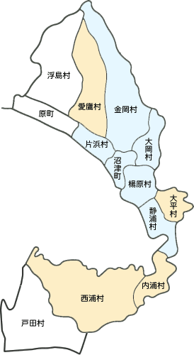愛鷹村・大平村・内浦村・西浦村の位置を示した地図